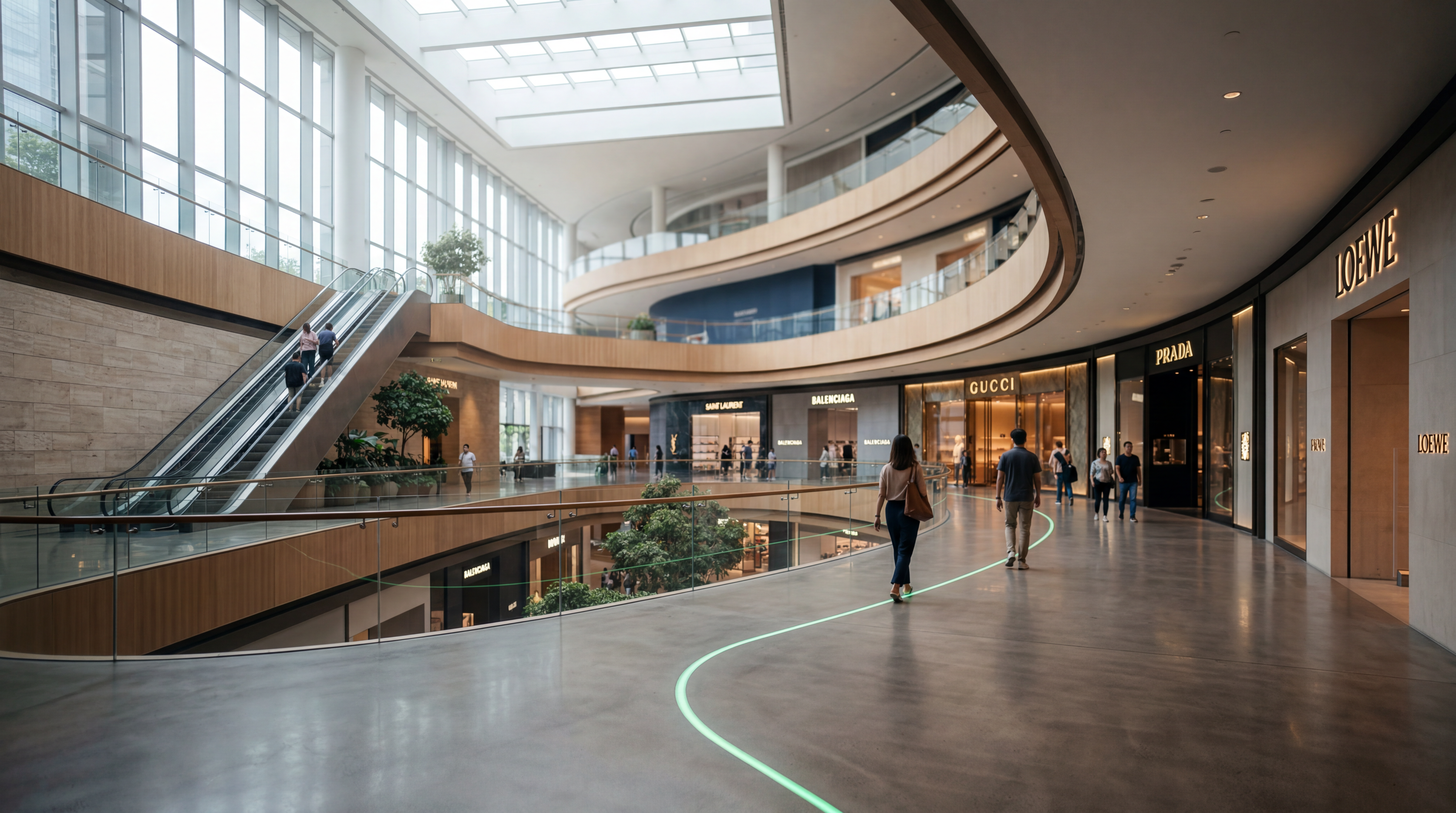 A wide-angle professional architectural photograph of a luxury Dubai mall interior with a thin, glowing neon-green Blicq vector path line on the floor.