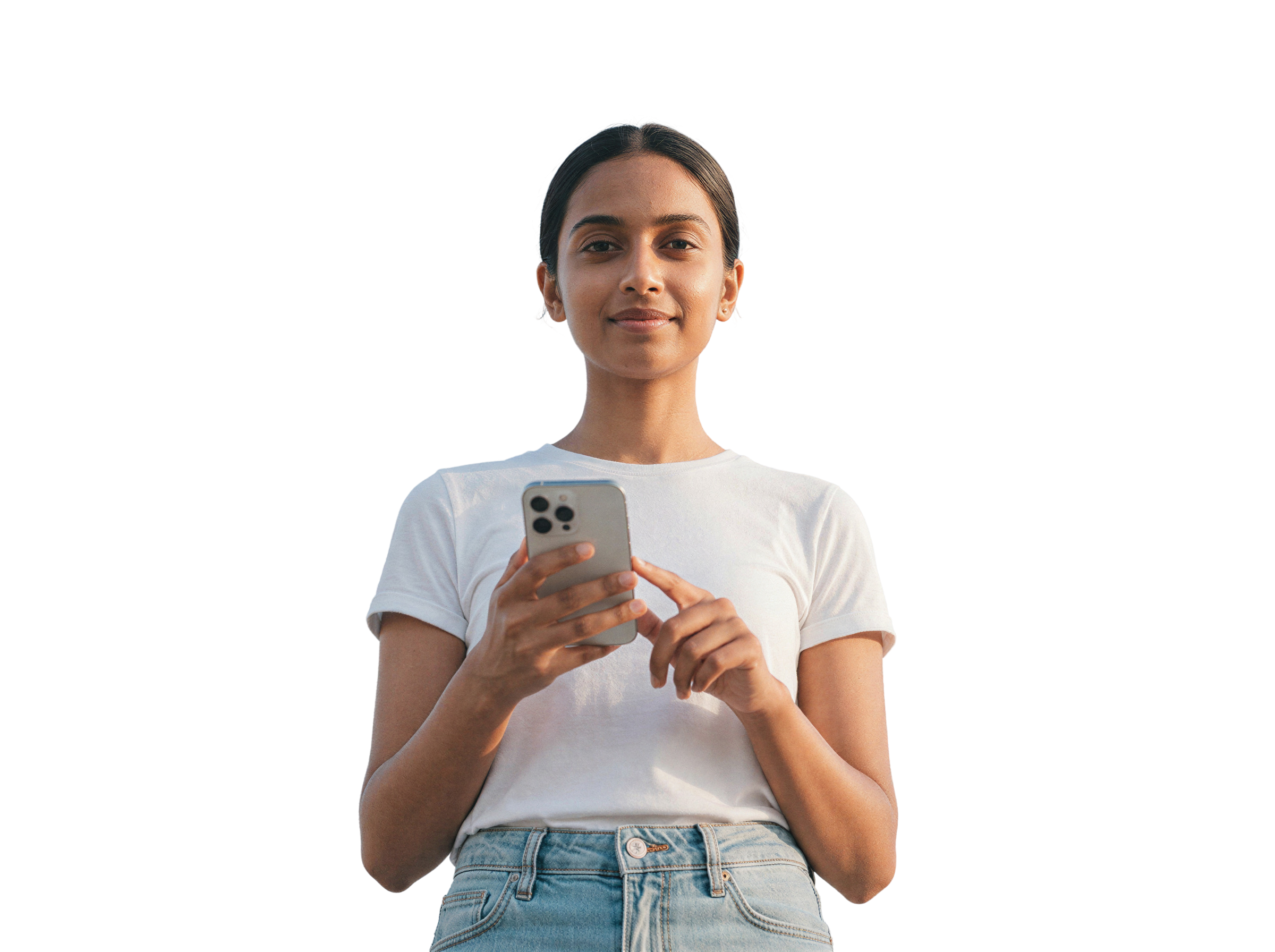 A young South Asian woman smiling and holding an iPhone, Blicq cashback app user