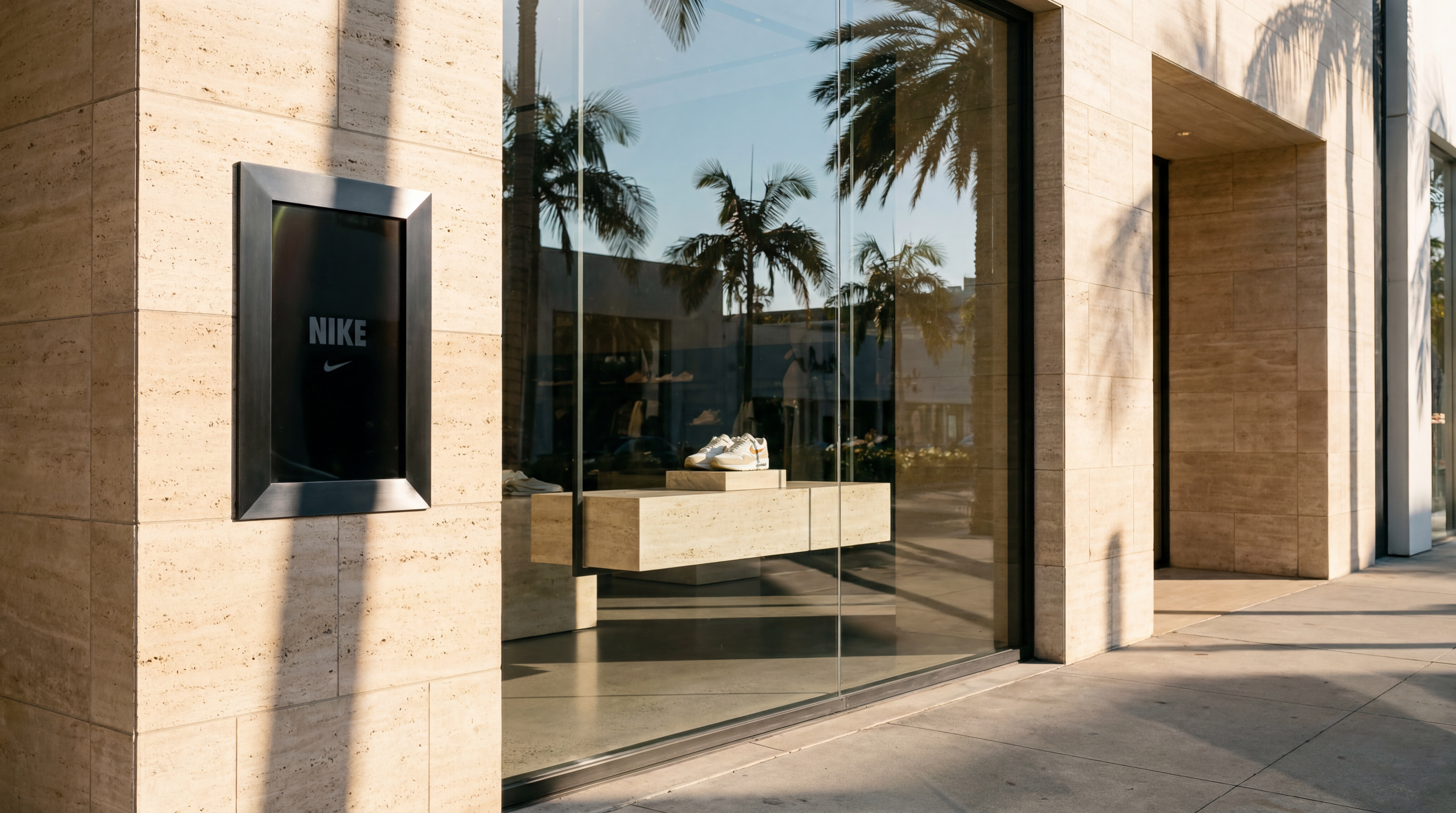A professional architectural photograph of a luxury boutique's window reflecting palm trees, with a sleek, dark obsidian Blicq digital ad screen mounted on a travertine stone wall.